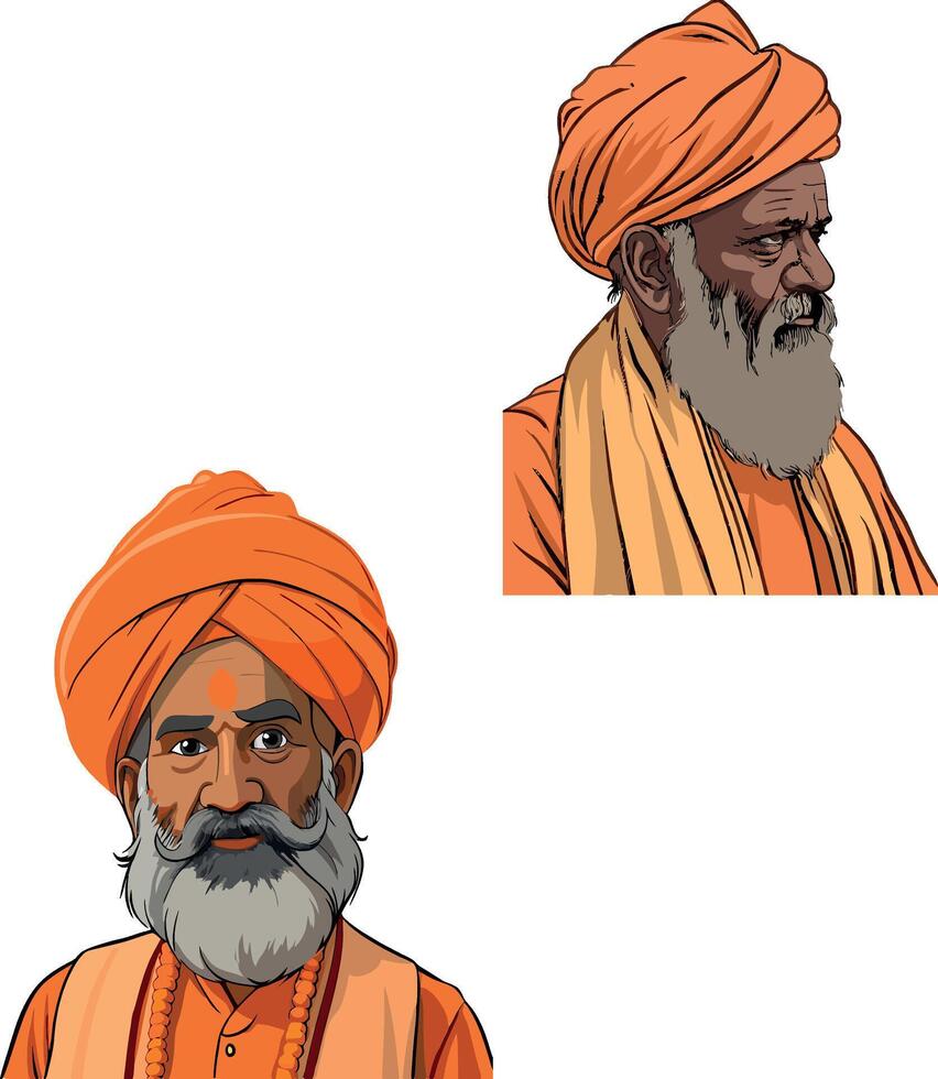 Two men in orange turbans, one with a beard and the other with a beard vector