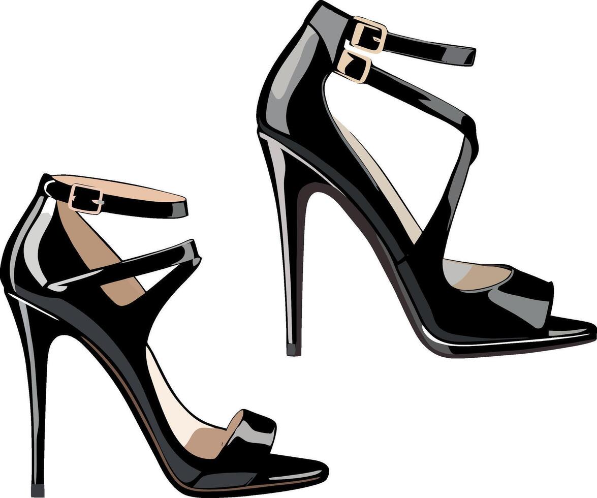 Pair of black patent leather high heel sandals standing on white background vector