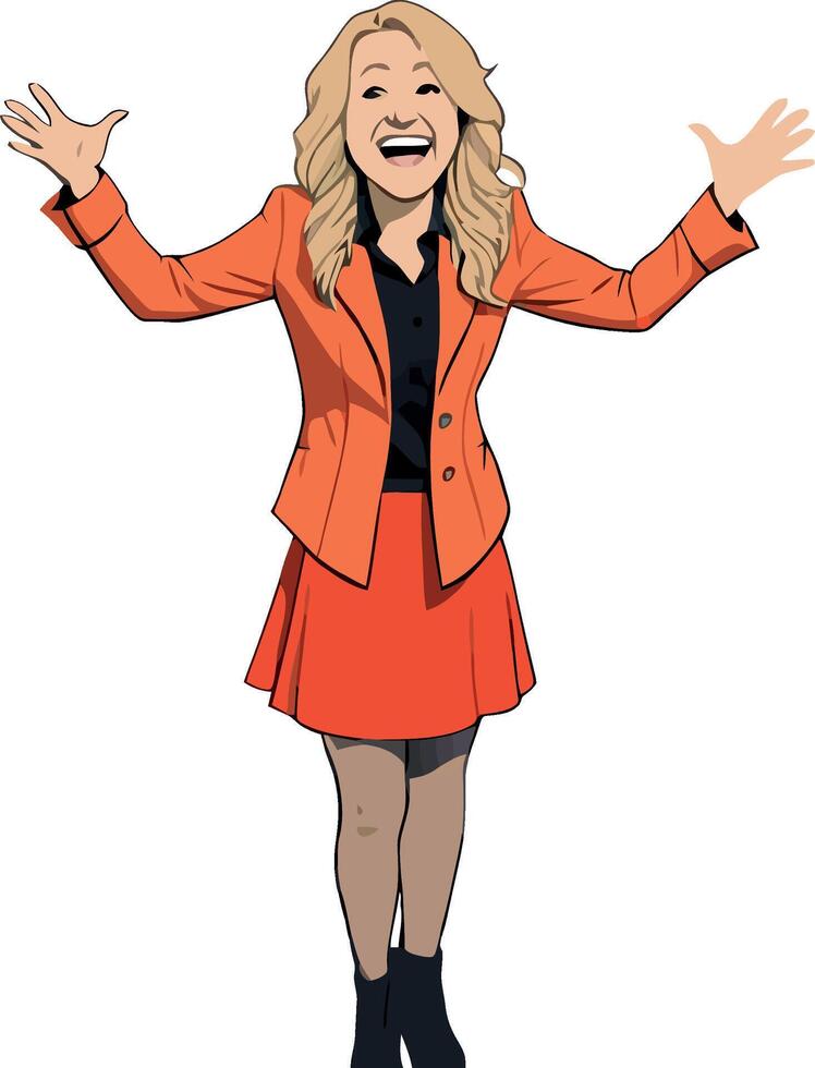 Happy businesswoman opening arms and smiling, wearing orange suit and black shirt vector