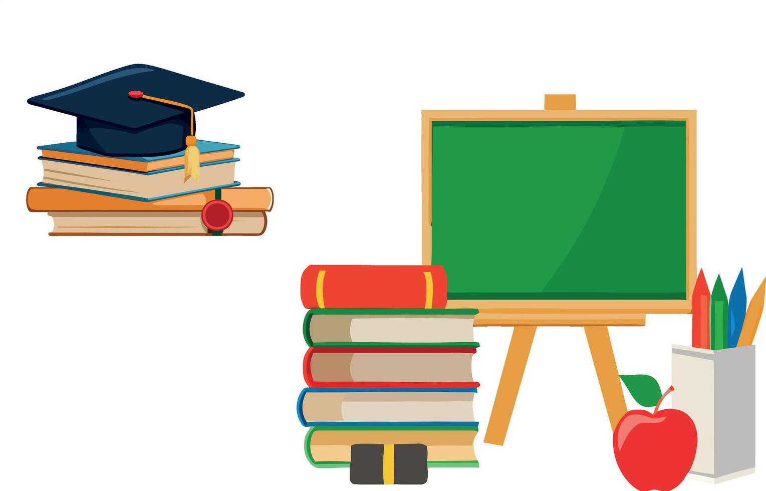 Graduation hat on books with blackboard, crayons and apples representing education vector