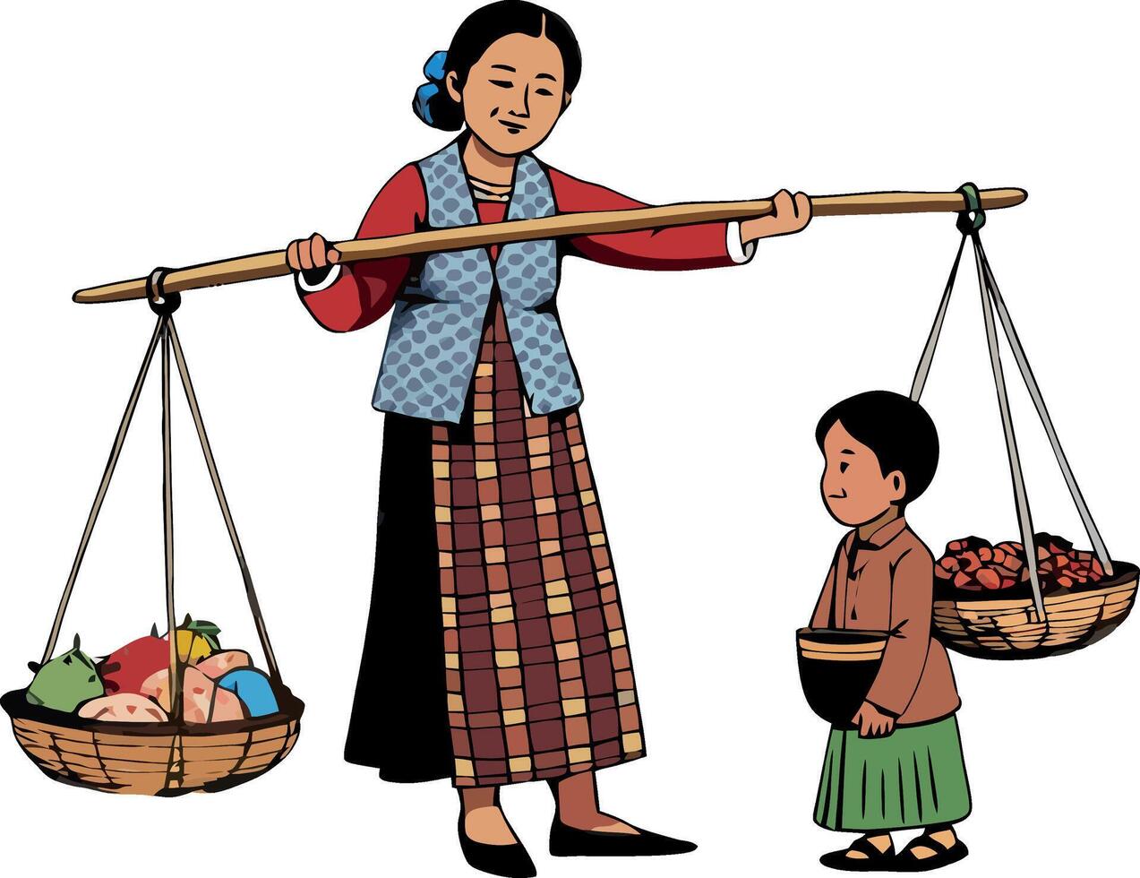 Woman carrying baskets of food on a yoke with her child beside her vector
