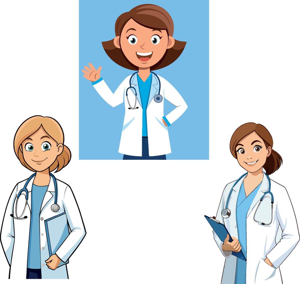 Smiling female doctors waving and holding medical chart vector