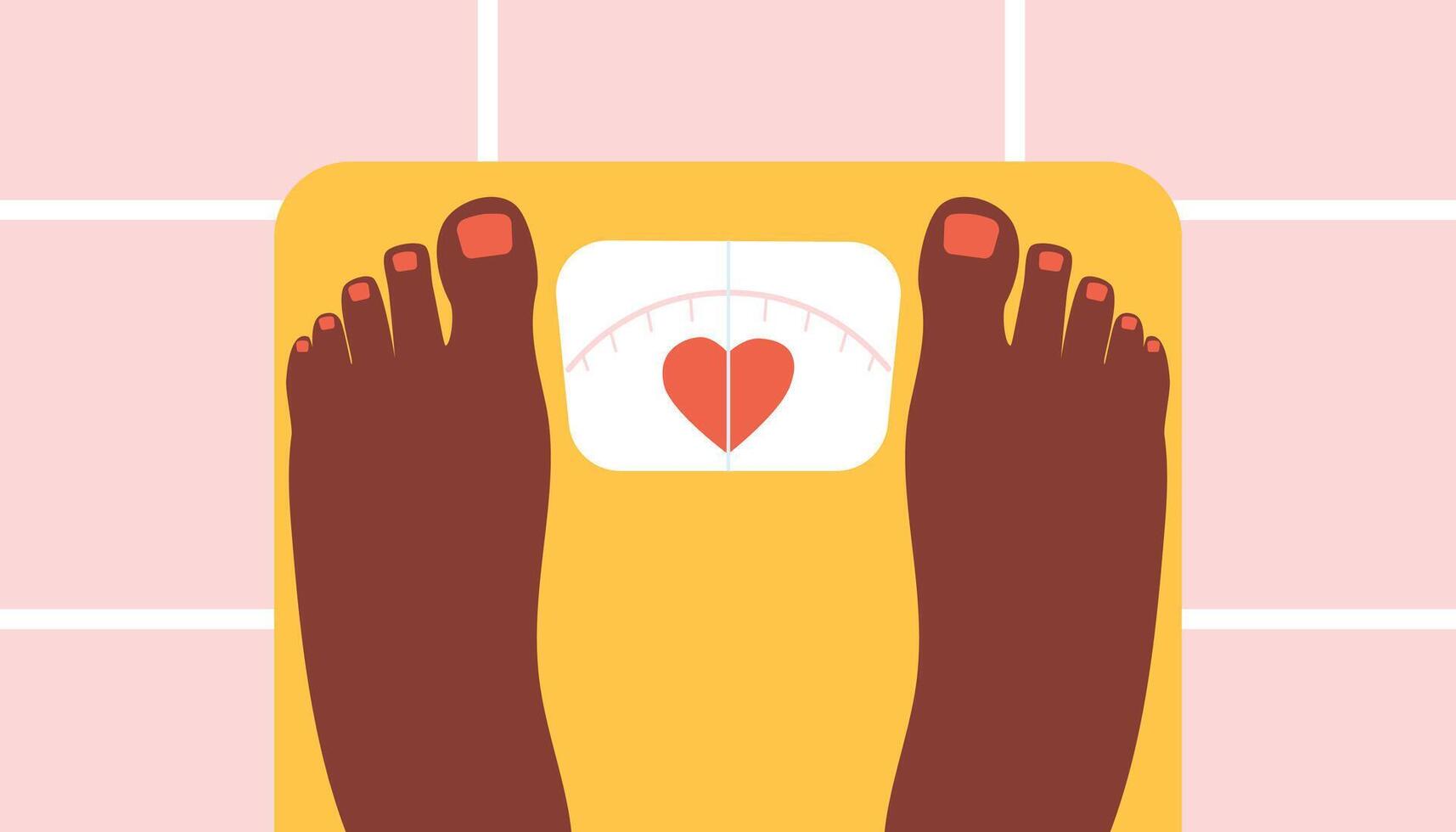 Top view of female feet standing on weighing scale.Self love, body positive concept. vector