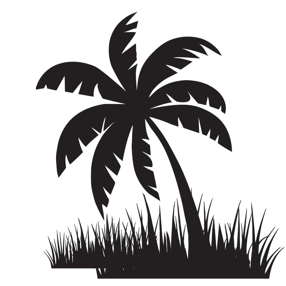 Coconut tree with grass silhouette design vector