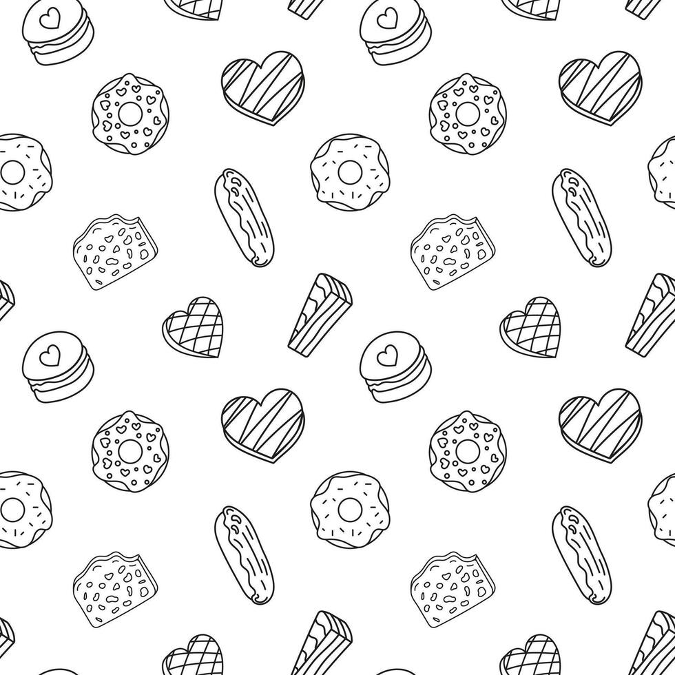 Sweets doodle Seamless pattern with chocolate, candies, eclairs, donuts, macarons. patterns endless. Black line sample pattern for wallpaper, fabric, packaging, background. vector