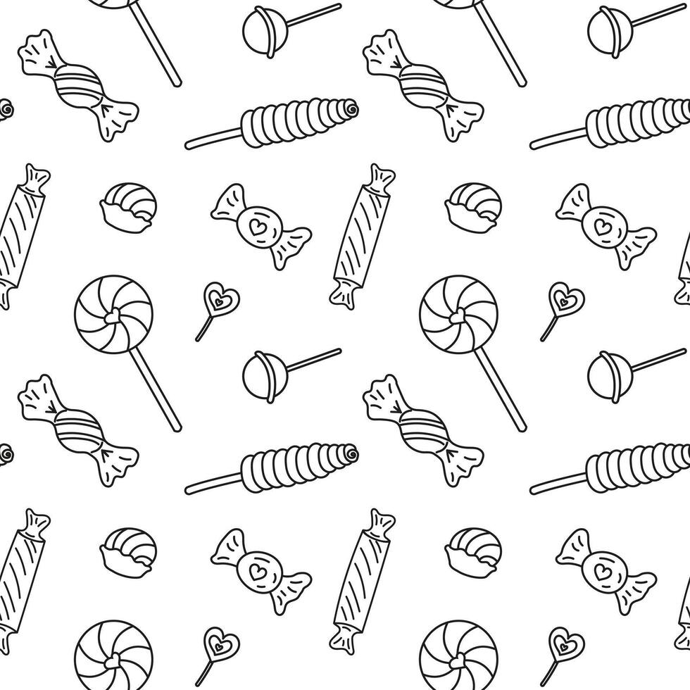 Sweets different candies doodle Seamless pattern with caramel on stick, wrapped candies, lollipop. patterns endless. Black line sample pattern for wallpaper, fabric, packaging, background. vector
