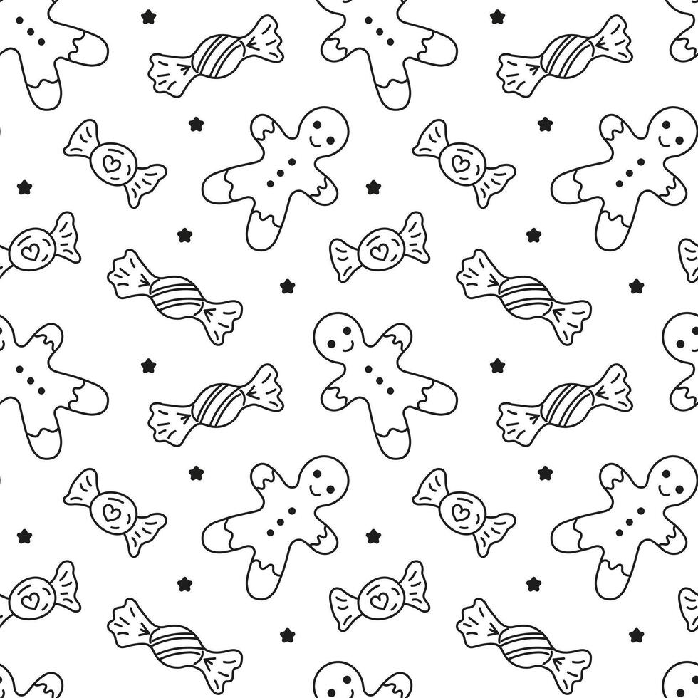 Sweets different wrapped candies and Gingerbread man doodle Seamless pattern. patterns endless. Black line sample pattern for wallpaper, fabric, packaging, background. vector