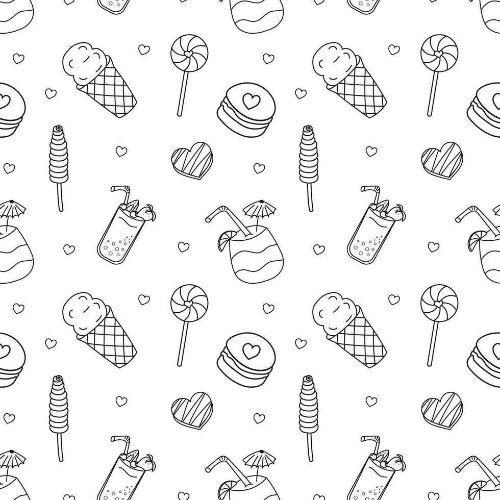 Sweets doodle Seamless pattern with ice cream, cake, tropic cocktail, ice cream in waffle cup, lollipop, sundae, popsicle. Black line sample pattern for wallpaper, fabric, packaging, background vector