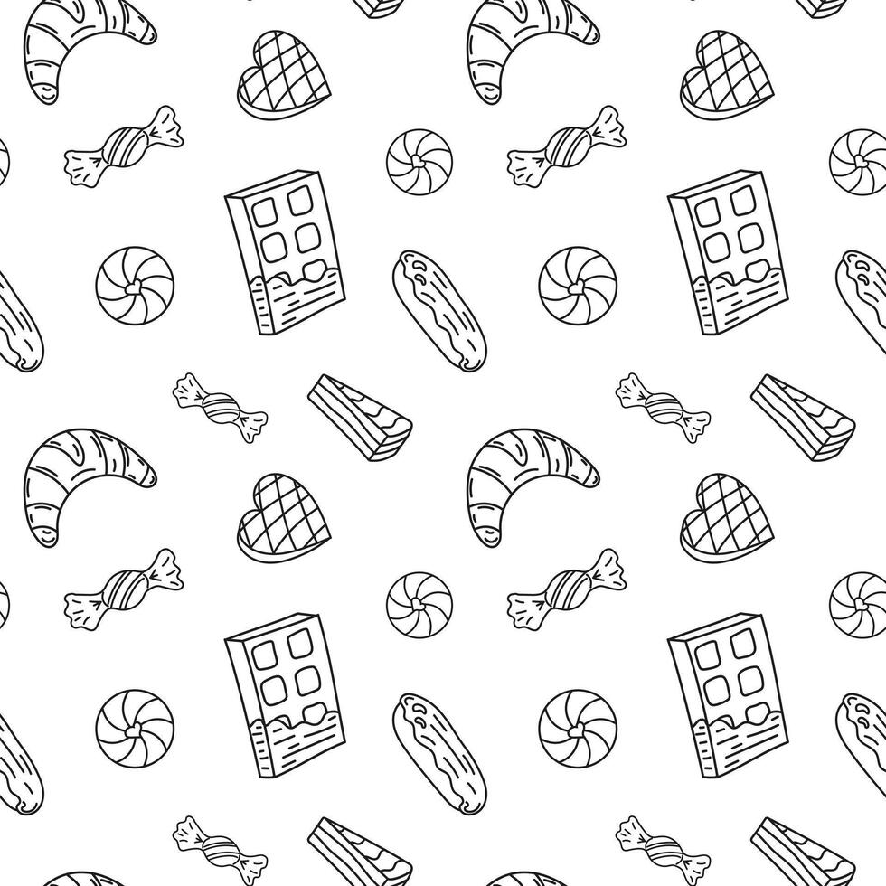 Sweets doodle Seamless pattern with chocolate, candies, eclairs, croissant, chocolate bar, heart, cake. patterns endless. Black line sample pattern for wallpaper, fabric, packaging, background. vector