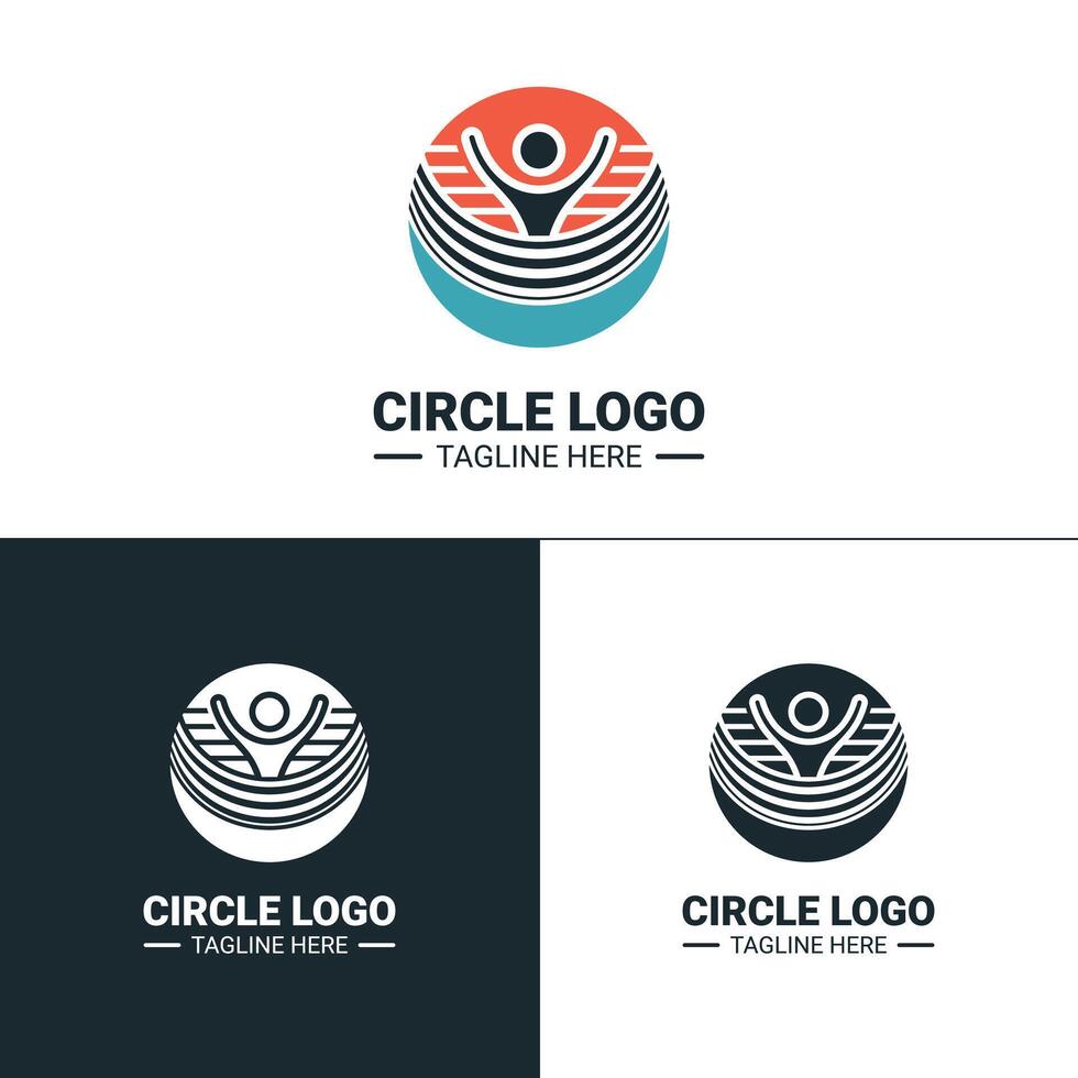 A vibrant circle logo with a person raising arms, layered lines and a modern style. Comes in three variations ful color black and white inverted. Perfect for wellness community or lifestyle branding. vector