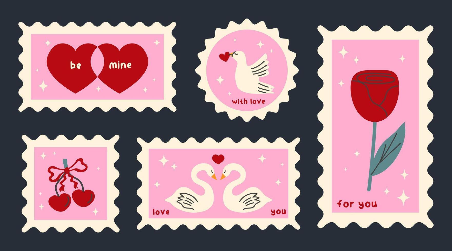 Set of vintage postage stamps. Collection pink sticker. Romantic icons pack in retro style. Design concept for 14 February. vector