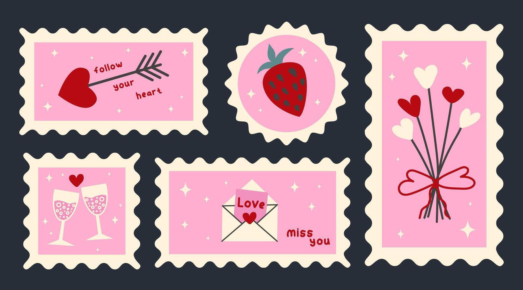 Set of vintage postage stamps. Collection of hand drawn pink sticker. Romantic icons pack in retro style. Design concept for 14 February. vector