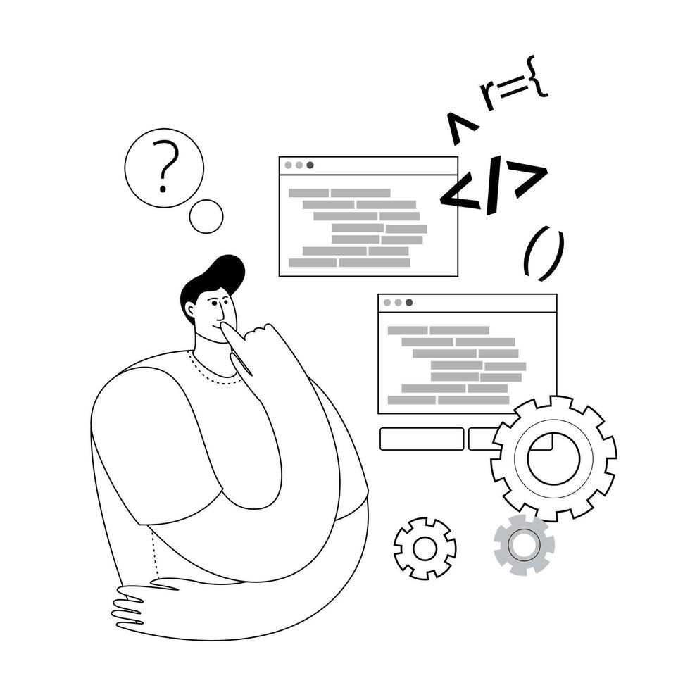 A developer looks thoughtfully at his code and searches for an error. vector