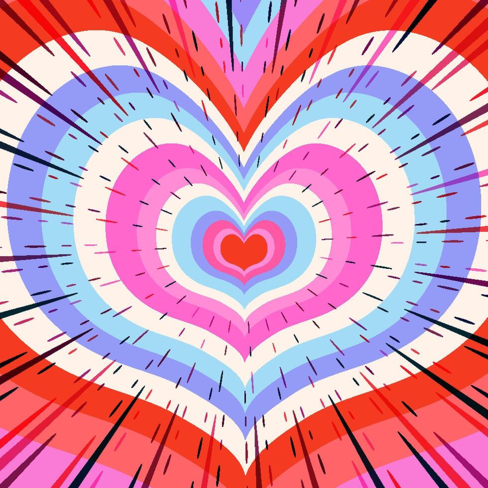 Concentric Colorful Heart Tunnel for Valentine's Day with Comic Book Speed Lines. Love retro heart tunnel in groovy style. Trendy girly abstract love design. Colorful romantic background vector