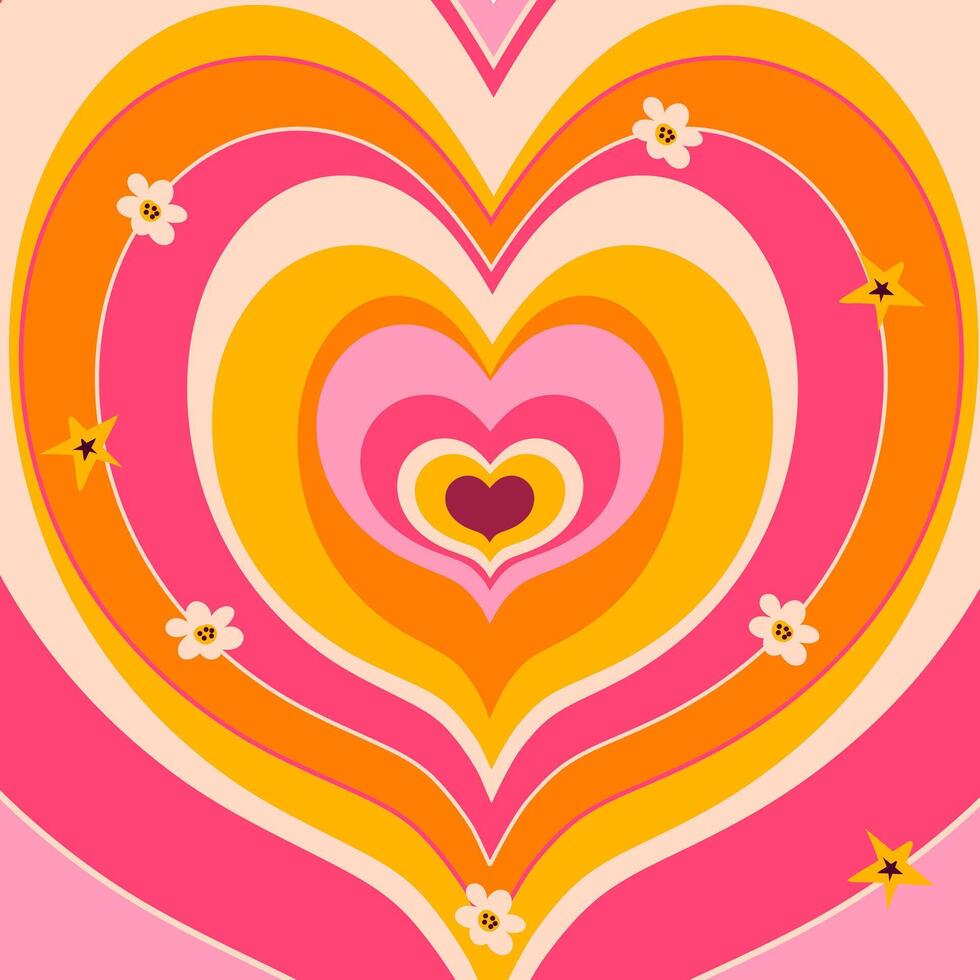 Retro Concentric Heart Tunnel in Groovy Style. Love stripes for Valentine's day. Trendy girly abstract love design. Colorful romantic background vector