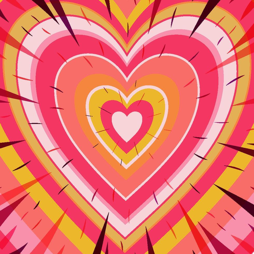 Concentric Heart Tunnel for Valentine's Day with Comic Book Speed Lines. Love retro heart tunnel in groovy style. Trendy girly abstract love design. Colorful romantic background vector