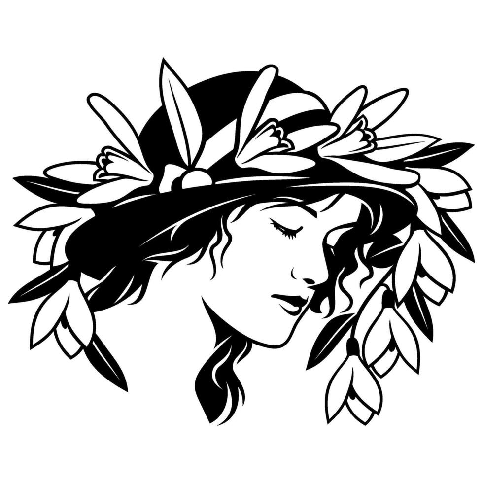 Young Woman Face with Spring Flowers on Hat. Spring Girl Portrait. Black and white clipart isolated on white. vector
