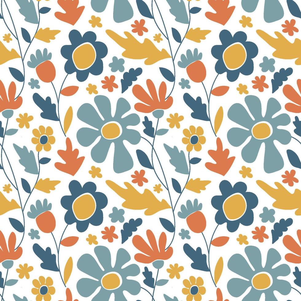 Modern flowers seamless pattern. Blue, yellow and terracotta boho floral illustration. vector