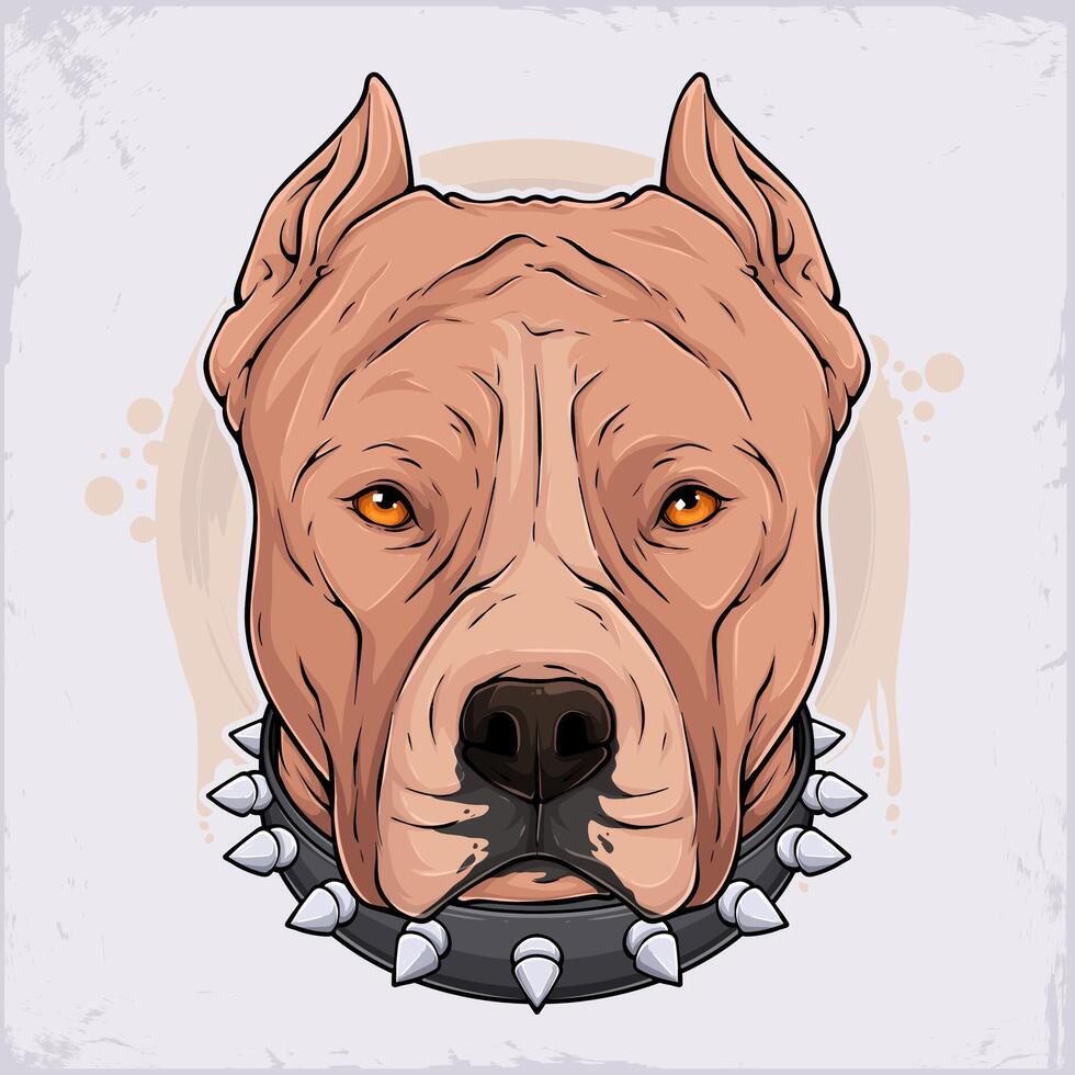Hand drawn aggressive tan pit bull face with barbed leather collar, brown dog breed pit bull head vector