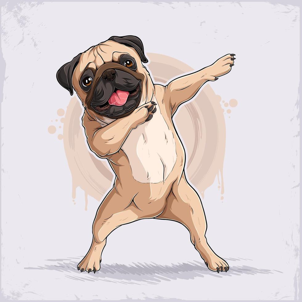 Hand drawn standing cute apricot beige dog breed double mask Pug dabbing domestic dog doing dab move vector