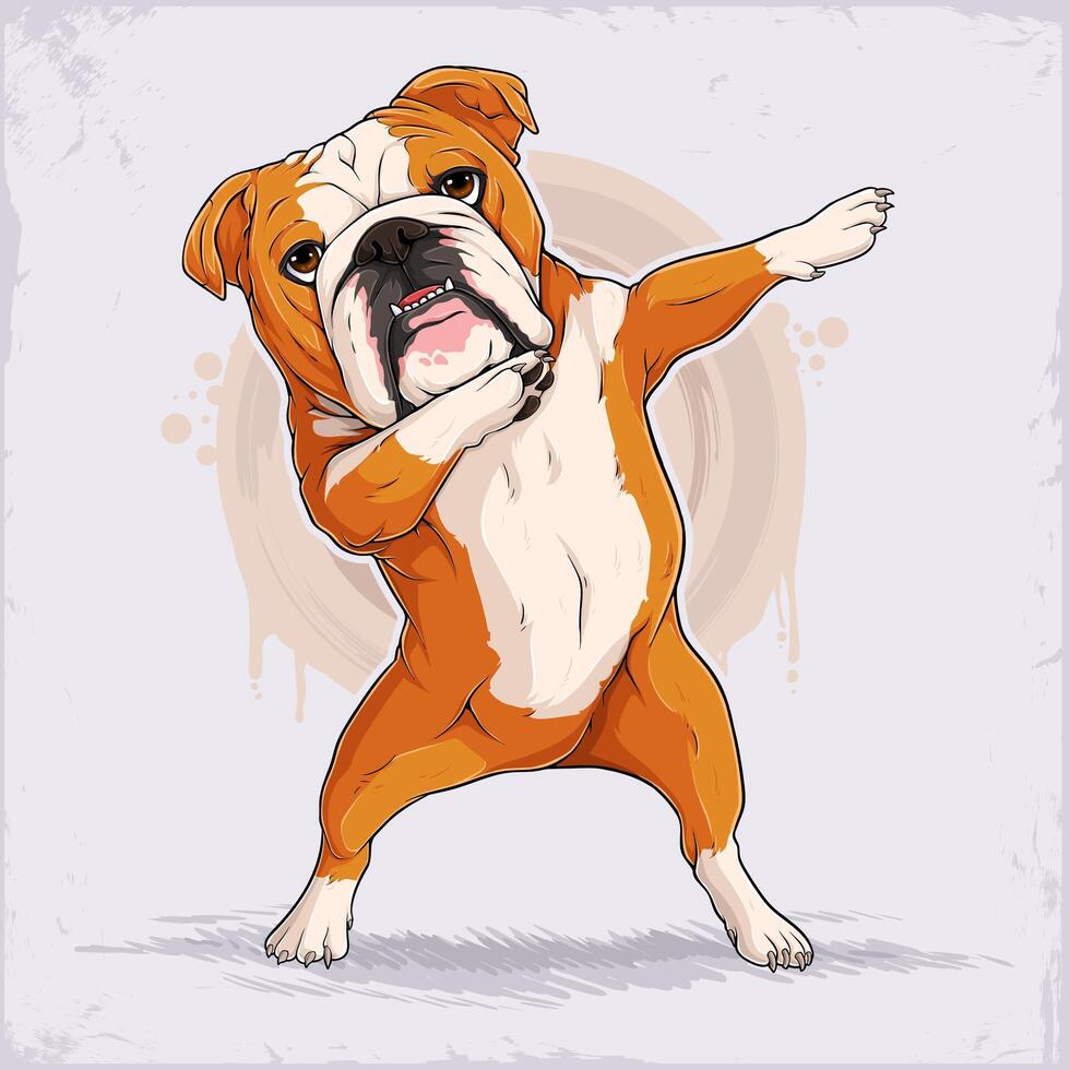 Hand drawn standing white and fawn dog breed English bulldog dabbing, small puppy doing dab gesture vector