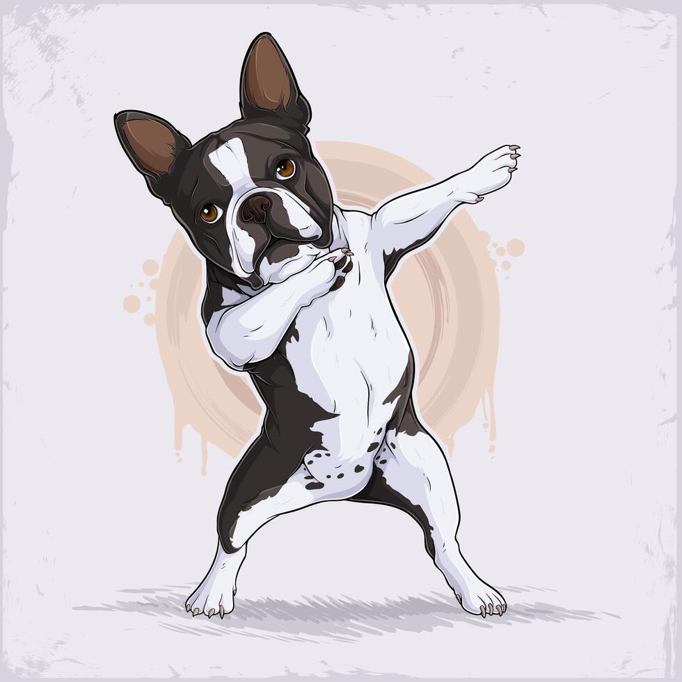 Hand drawn standing black and white dog breed Boston terrier dabbing, cute puppy doing dab gesture vector