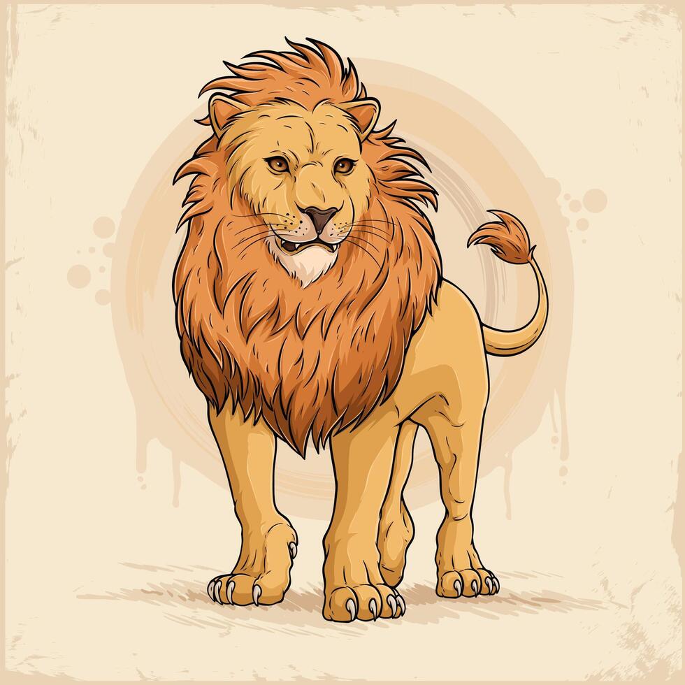 Hand drawn ferocious powerful yellow gold adult male lion walking, king of beasts predator with mane vector