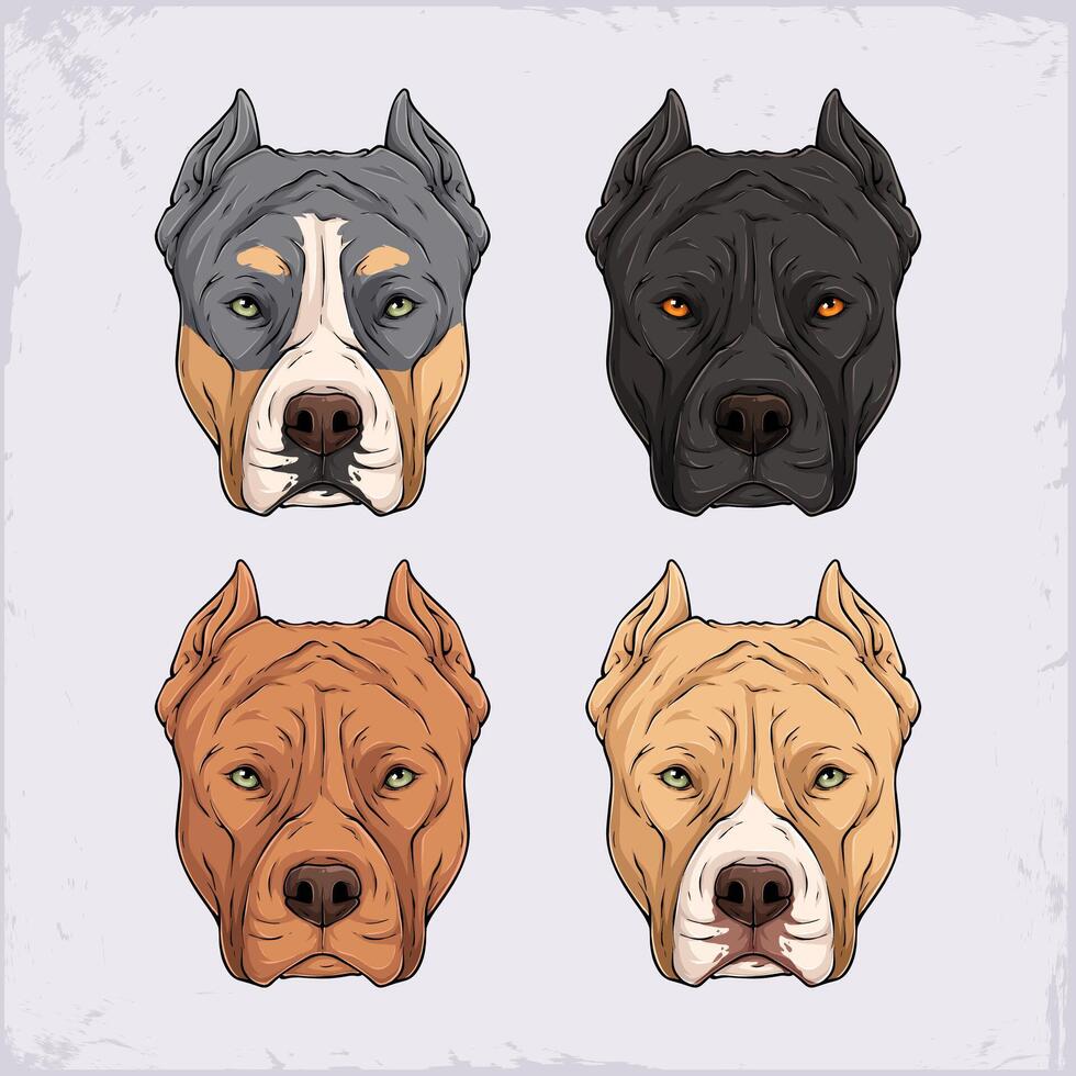 Hand drawn set of aggressive animal dog breed blue tricolor, black, red, tan pit bull terrier heads vector