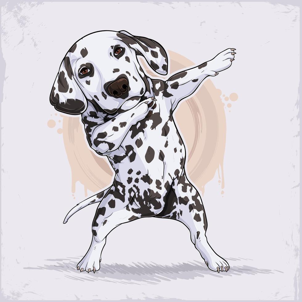 Hand drawn standing black and white dog breed dalmatian dabbing, domestic animal doing dab gesture vector