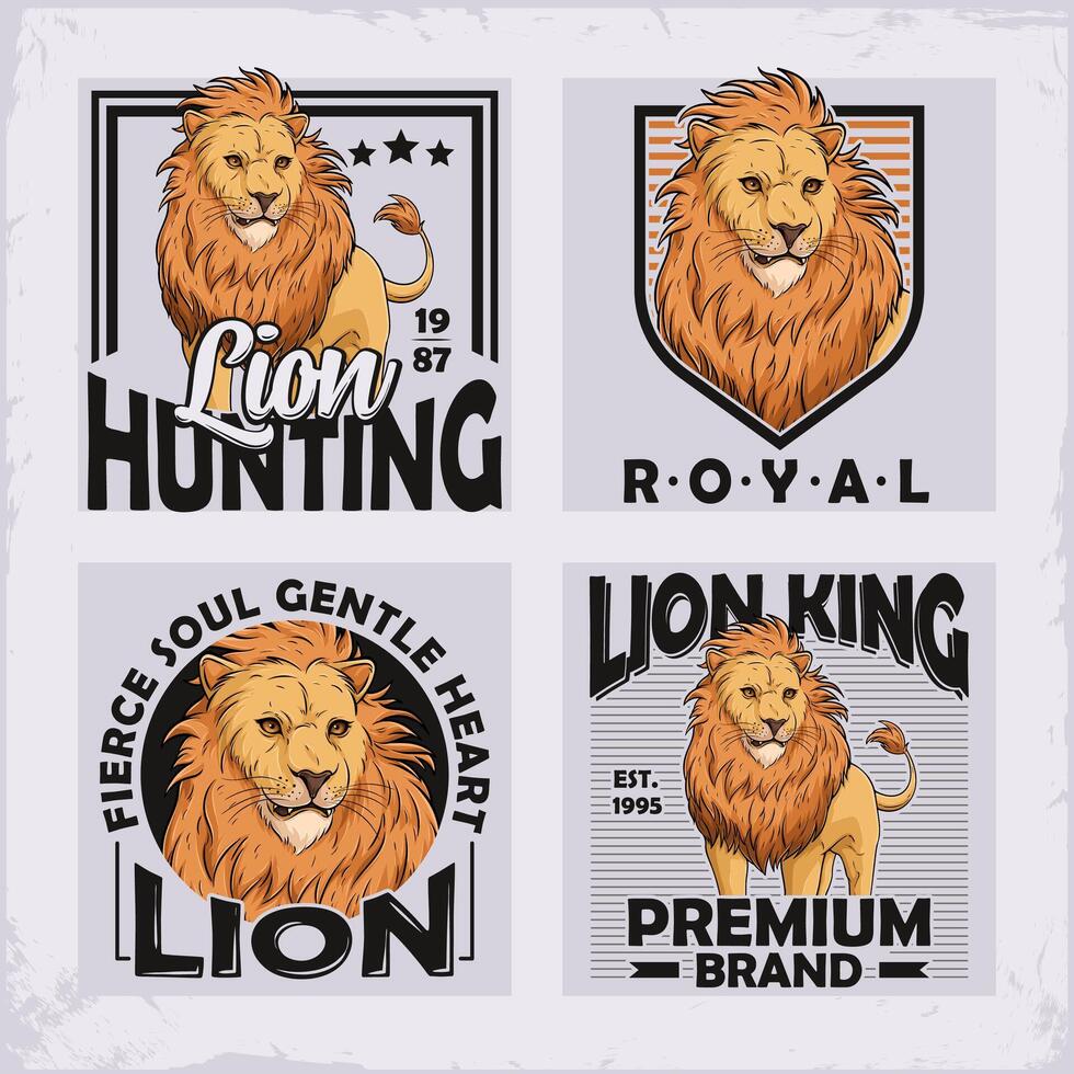 Hand drawn set of lion king designs, collection of lion king labels, wildlife fierce animal logos vector
