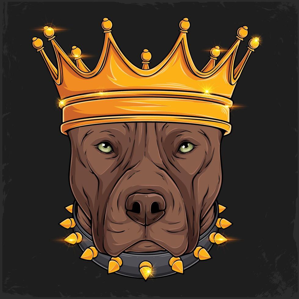 Hand drawn dog breed aggressive brown pit bull head with barbed collar wearing a royal golden crown vector