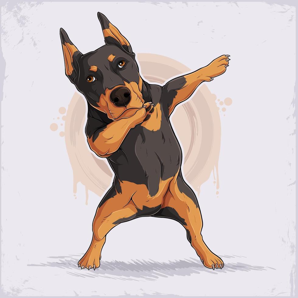 Hand drawn standing dog breed brown Doberman dabbing, adorable domestic animal pet doing dab move vector