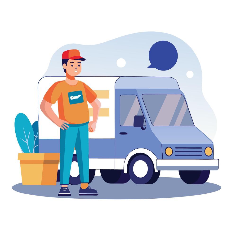 Man Standing Beside a Delivery Van vector