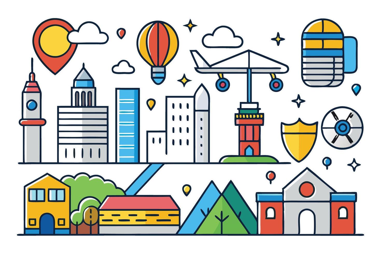Whimsical city icons, including famous structures, vehicles, and natural elements, great for representing urban environments in a creative way vector