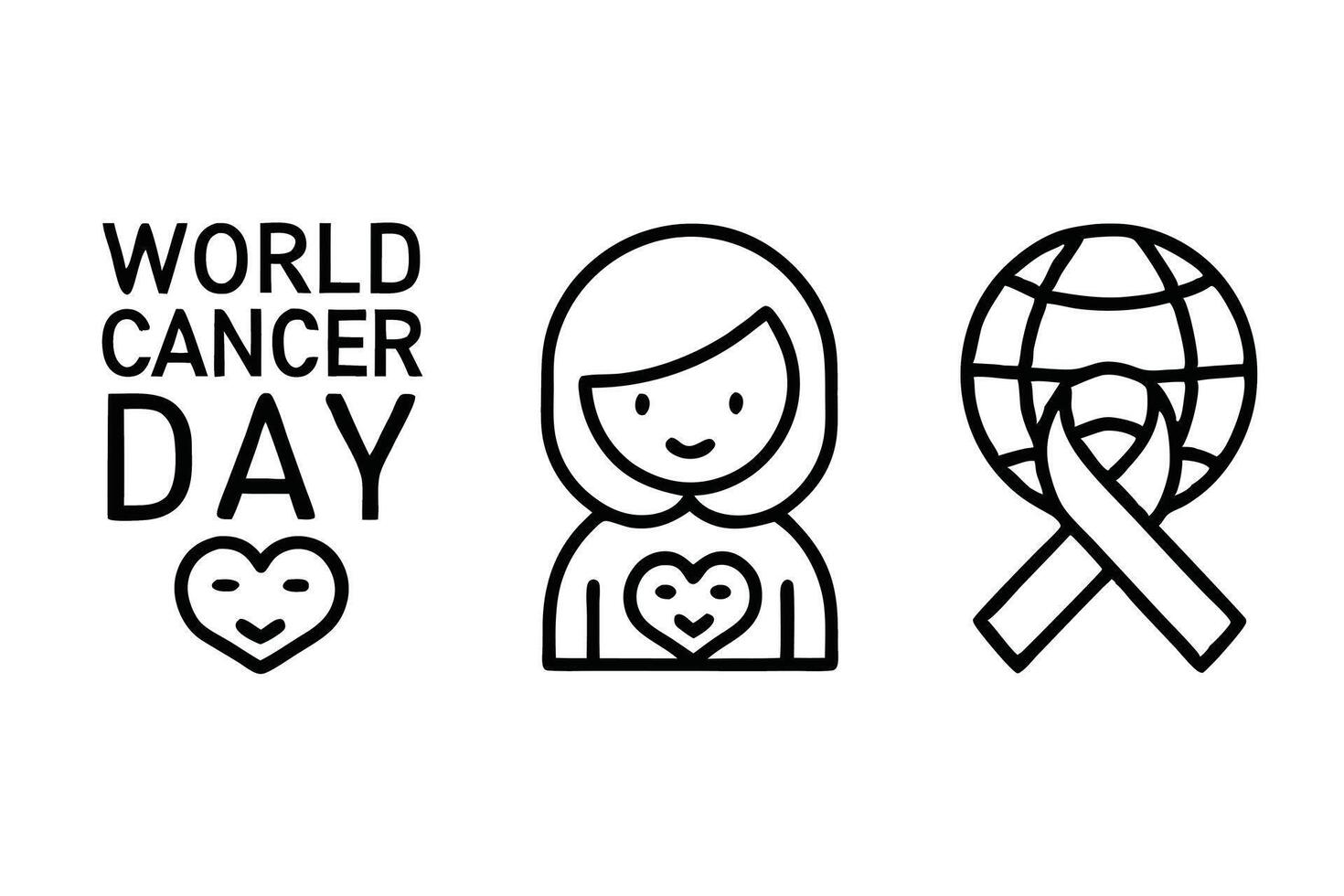 Stylized line art cancer awareness icons emphasizing solidarity and awareness through ribbons, individuals, and global symbols for world cancer day line art icon set vector