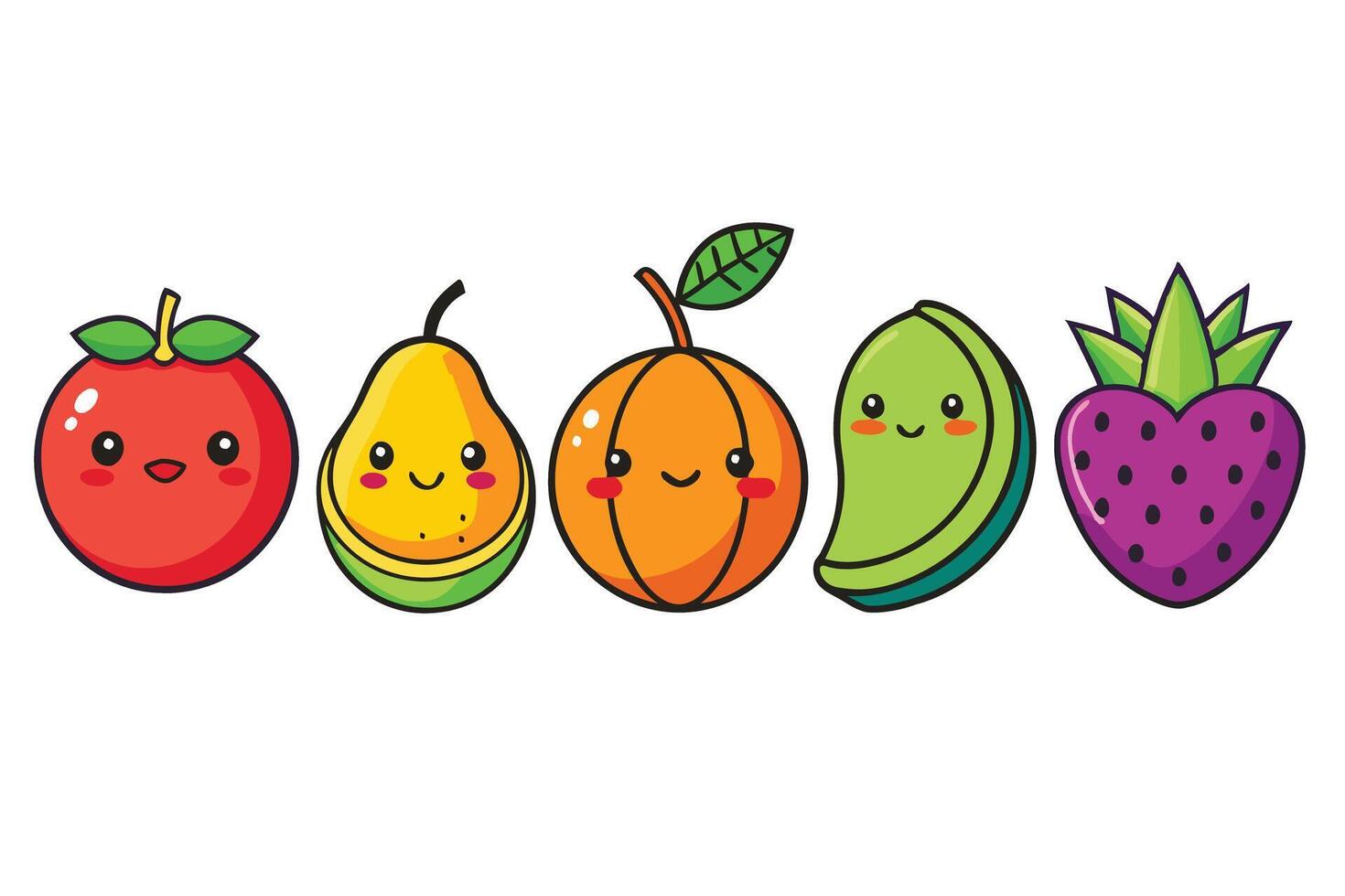 Adorable fruit characters with happy faces, including apple, pear, peach, melon, and strawberry, designed in a playful and cute cartoon style vector