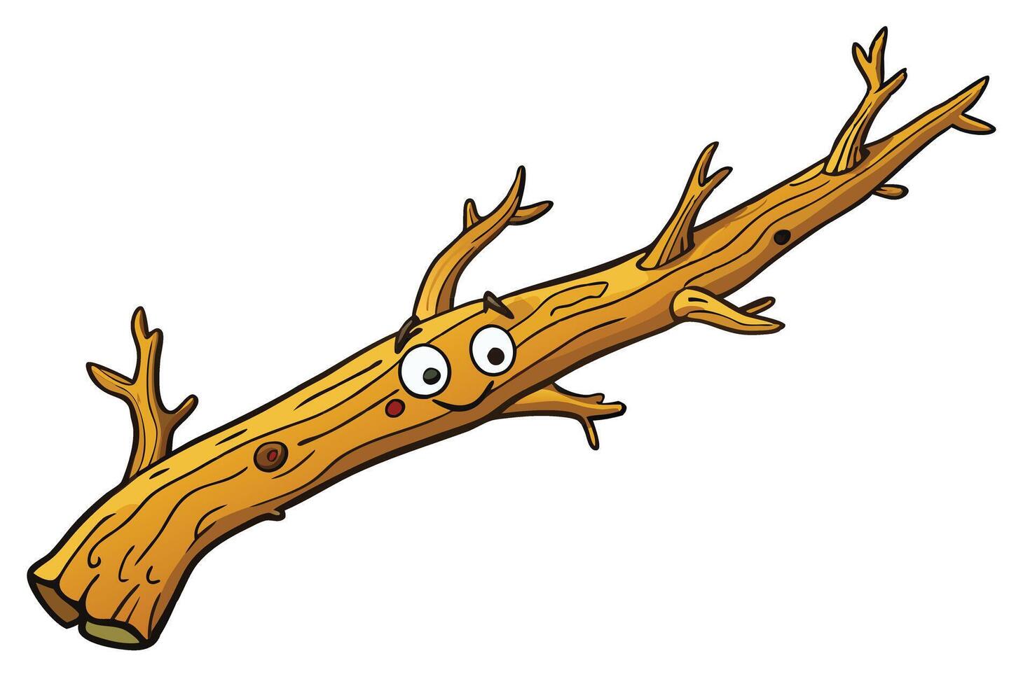 A whimsical cartoon illustration of a funny and happy dry tree branch with expressive eyes and smiling face against a plain white background vector