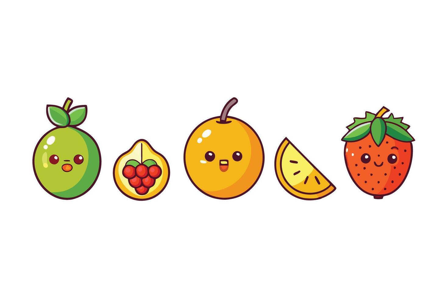Fruits in adorable cartoon style, including lime, passion fruit, orange, lemon, and strawberry with happy faces, perfect for kids or playful designs vector