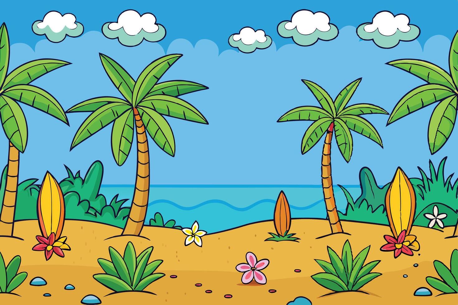 Sunny tropical beach with palm trees, flowers, and a surfboard on the golden sand under a bright blue sky and white fluffy clouds vector