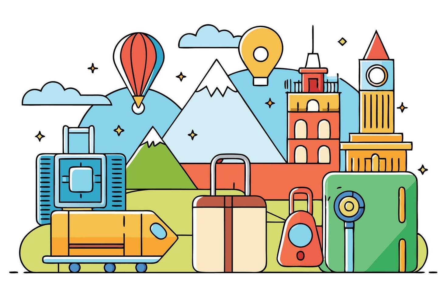 design of travel and tourism elements including luggage, landmarks, transportation, and natural scenery for wanderlust and vacation concepts vector