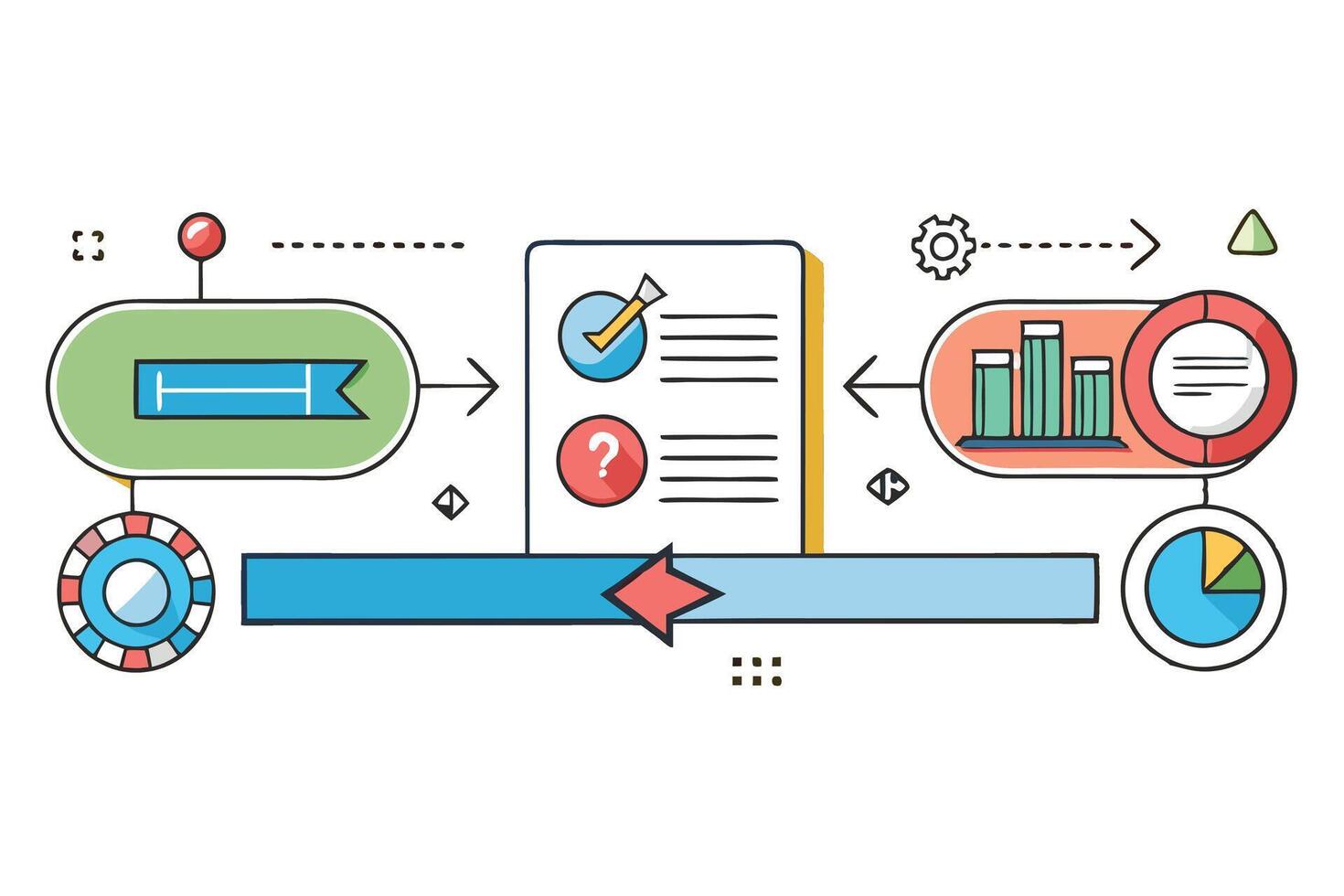Modern infographic design with flowchart elements, including gears, arrows, checkmarks, and colorful charts for business processes vector
