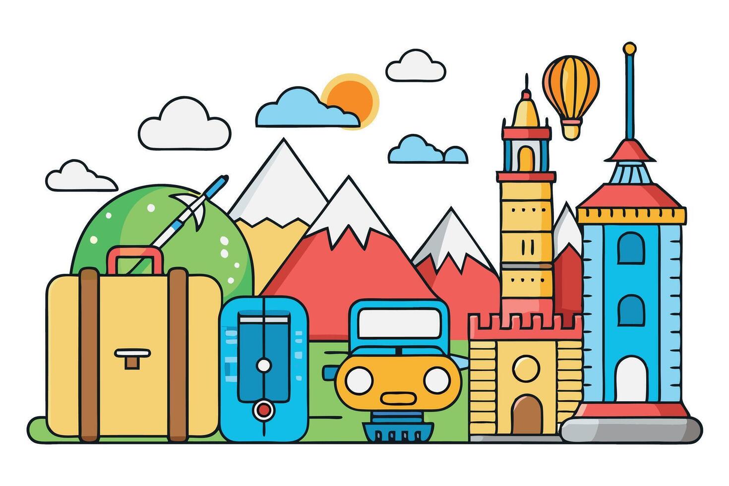 Creative line style illustration of a travel journey with landmarks, transportation, and scenic mountains, ideal for vacation and adventure themes vector