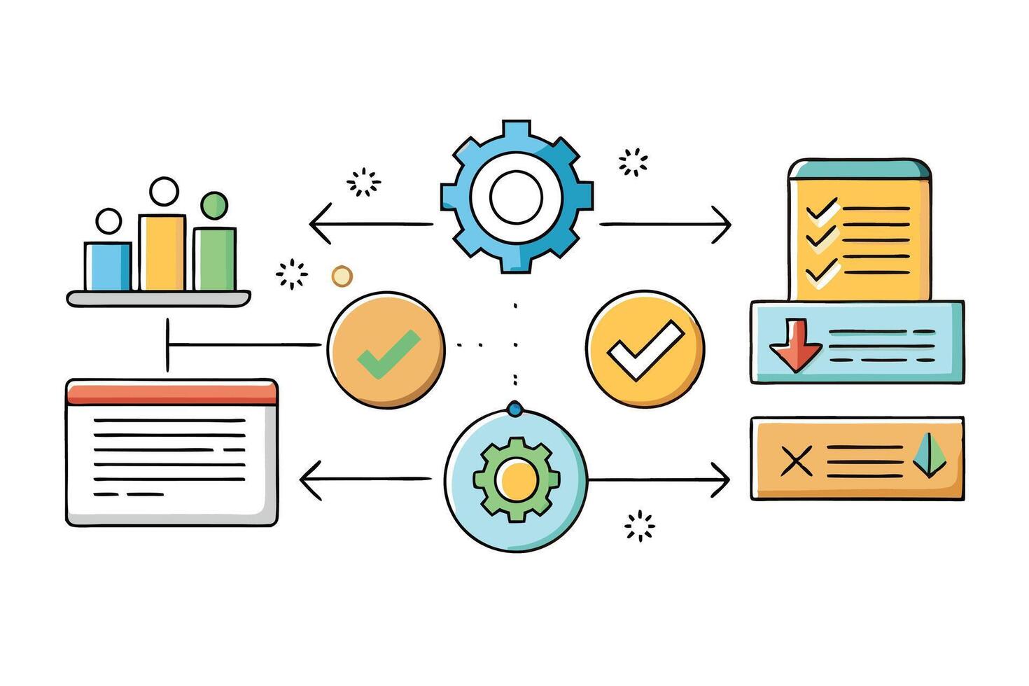 Business process infographic template with visual flow of steps, including graphs, gears, and colorful icons for business strategy design vector