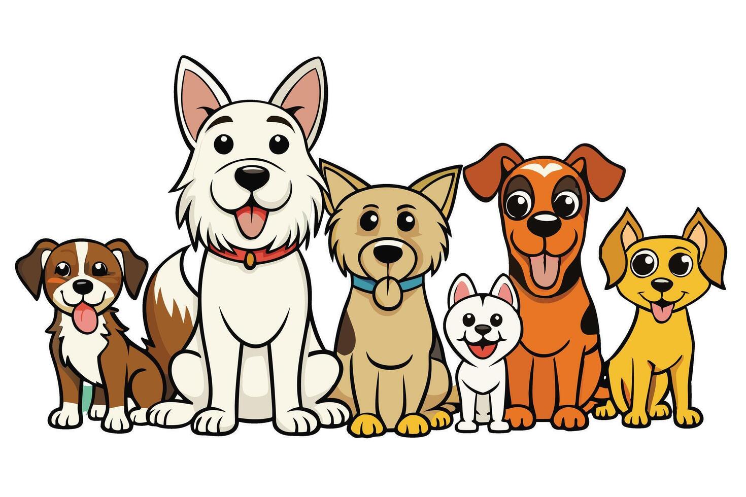 Group of joyful and smiling cartoon dogs in various breeds, such as terrier, beagle, and chihuahua, depicted in a playful and fun style vector