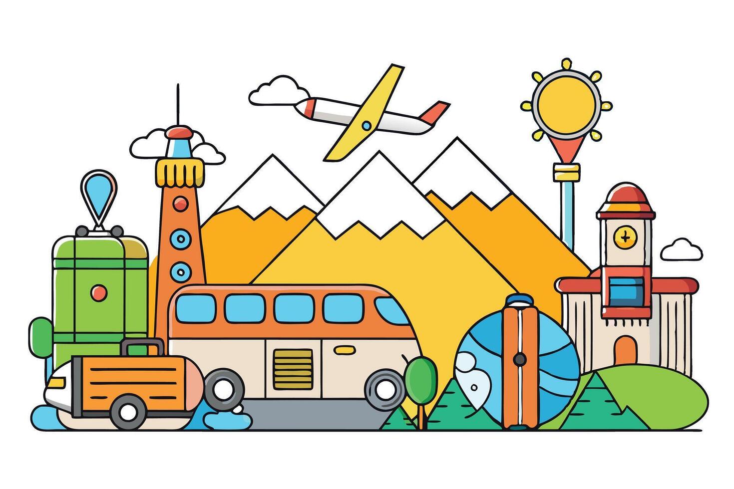 Stylized line art depicting a travel scene with iconic landmarks, mountain views, and travel gear for wanderers and adventure lovers vector
