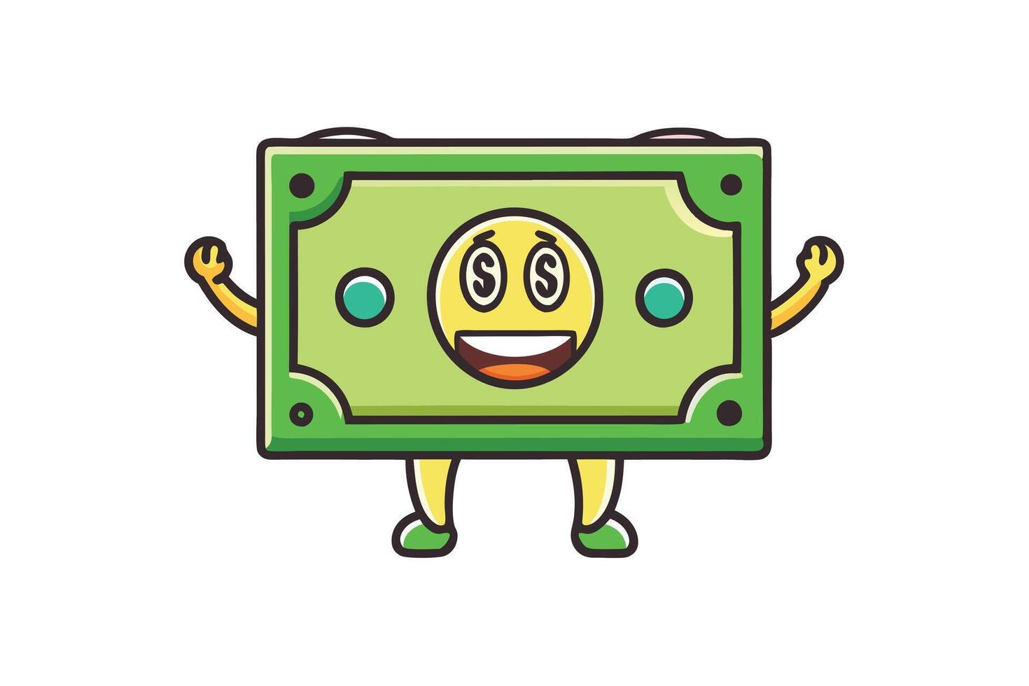 Playful dollar bill character with golden coin eyes and smiley face, designed for financial concepts, wealth, and money themes vector