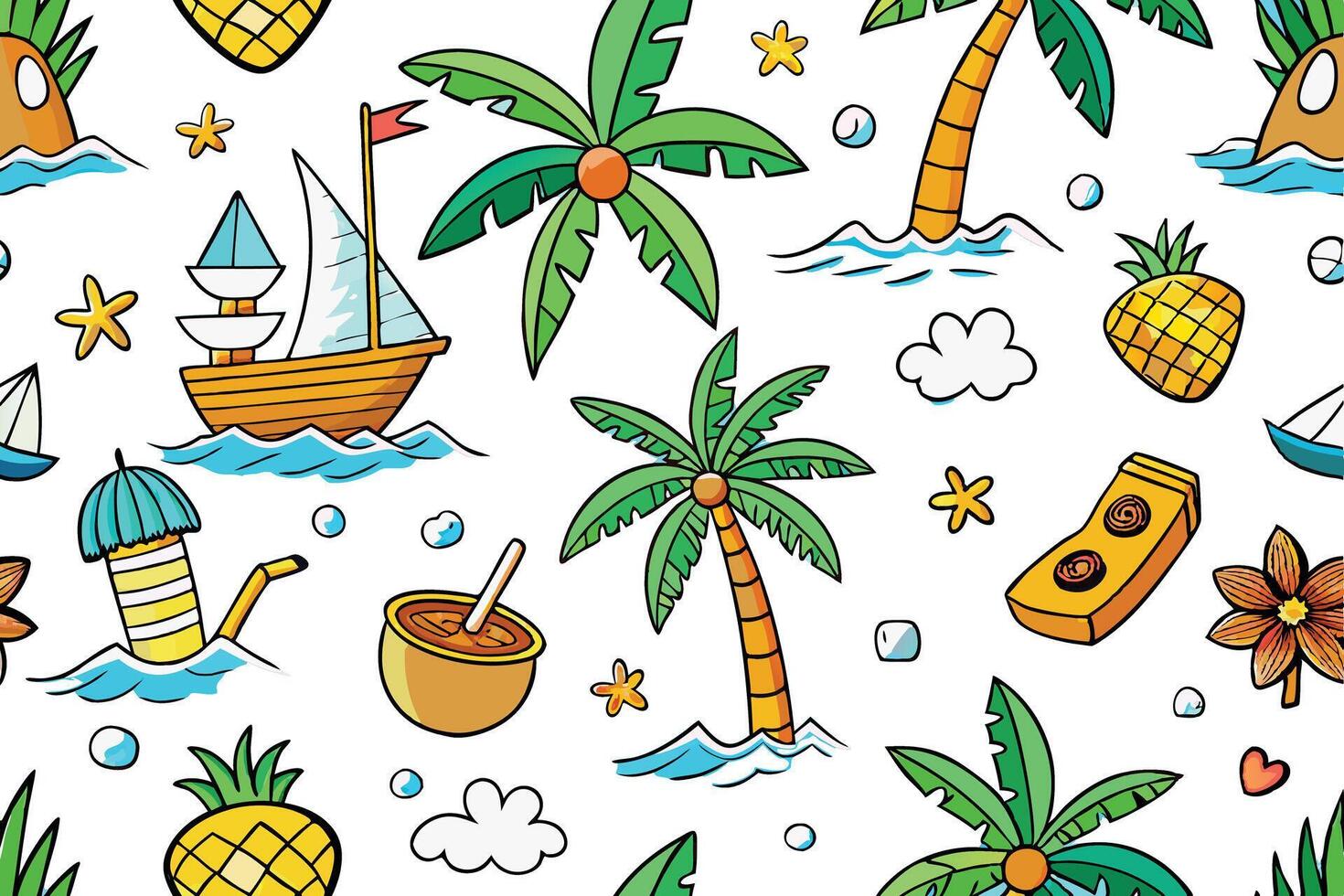 Tropical seamless background with palm trees, beach umbrellas, fruit, boats, and clouds for a summer vacation atmosphere vector