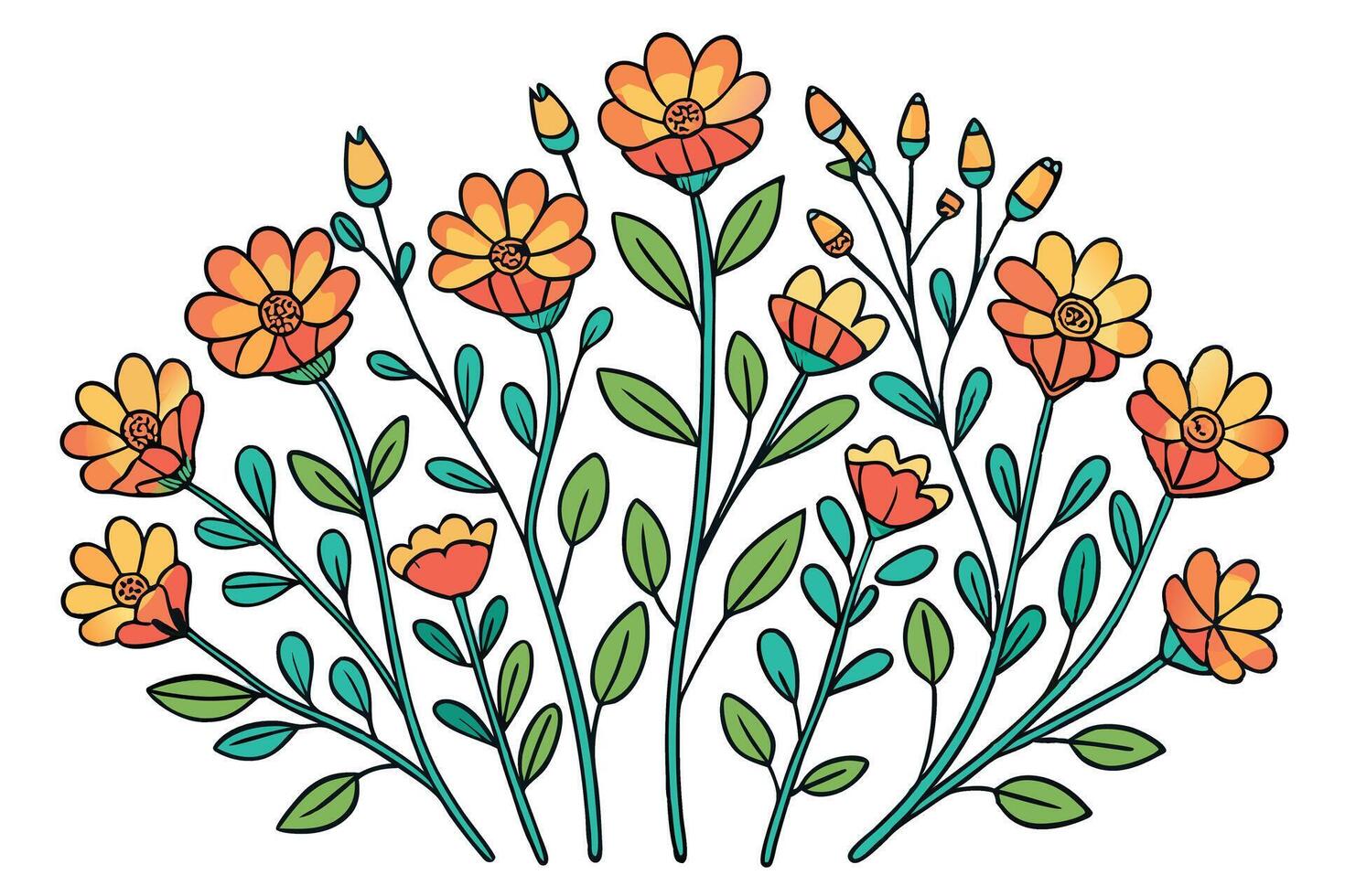 Hand drawn flowers with bright yellow and red petals, surrounded by lush green leaves, perfect for use in botanical themed designs vector