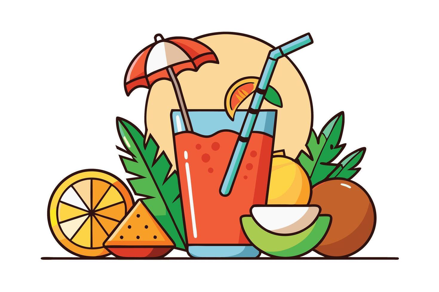 A refreshing tropical drink with umbrella, fresh fruits like oranges, lemons, and pineapples, served in a glass with a straw on a sunny summer day vector