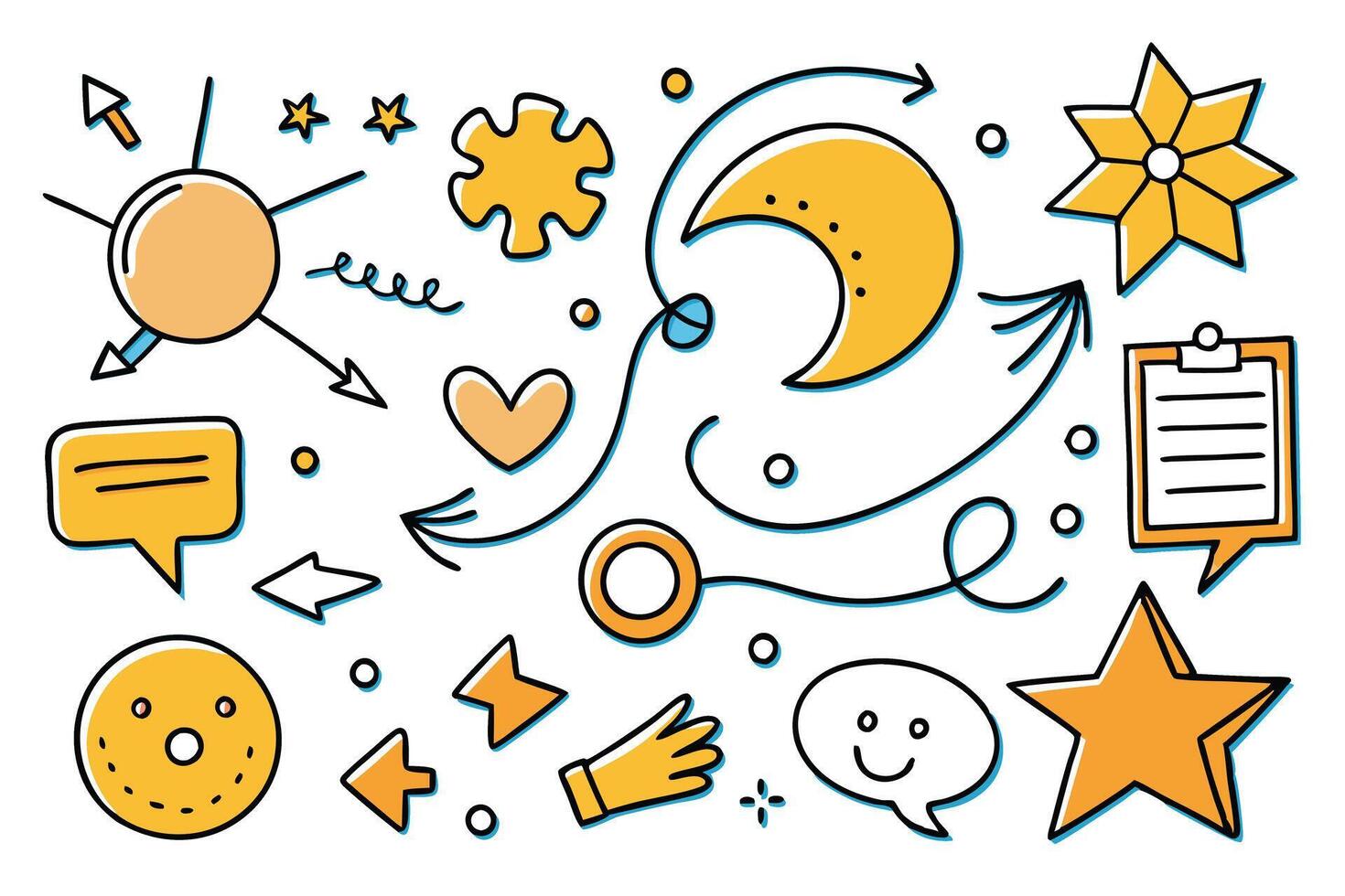 Bright and quirky hand drawn arrows, stars, and speech bubbles with a variety of doodle style designs for artistic and playful compositions vector